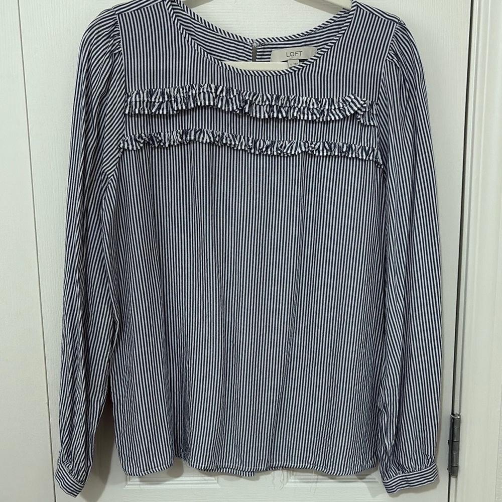 LOFT Navy and White Striped Blouse
